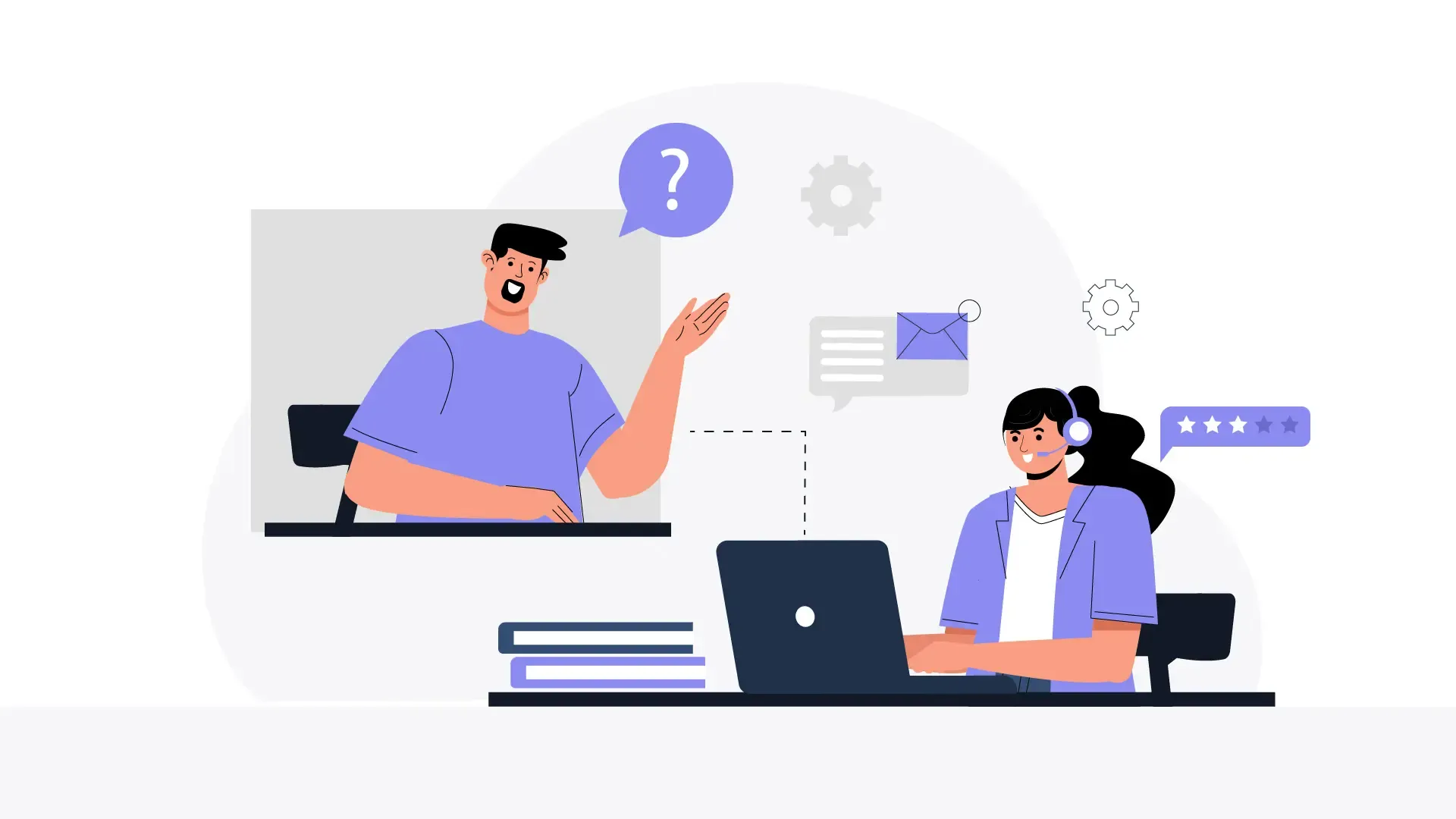 Customer Asking Question to Woman on Laptop Call 2D Flat Illustration image